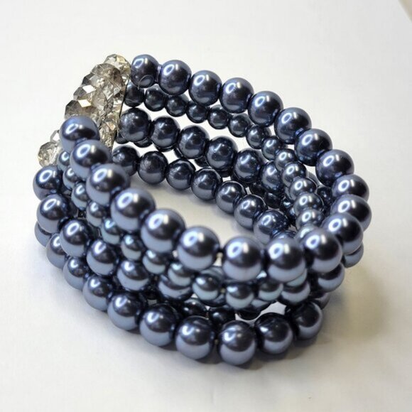 Grey Faux Pearl Stretch Bracelet 5 Strand Wide Faux Pearl Elastic Bracelet - Picture 4 of 8